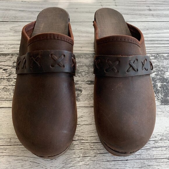 Danish Clogs Chocolate Brown Leather Wood Platform Slip On Mule Size 7 - Picture 11 of 15